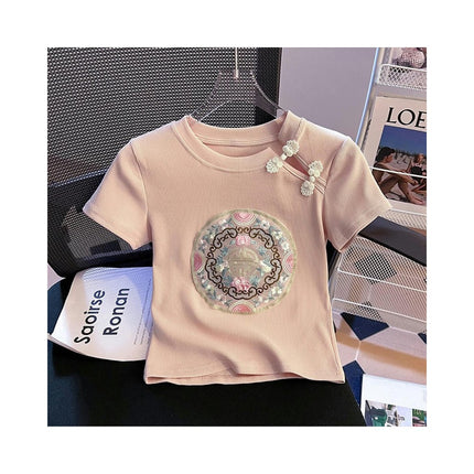 Women's Casual Short Sleeve Cut Out Round Neck Crop Tops Slim Fit Embroidery Tee Shirts