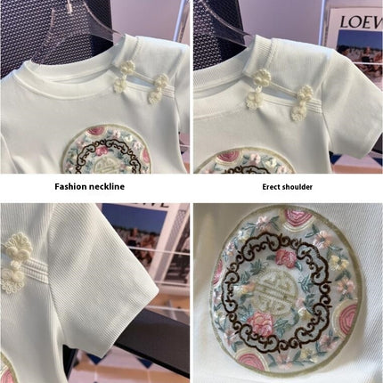 Women's Casual Short Sleeve Cut Out Round Neck Crop Tops Slim Fit Embroidery Tee Shirts