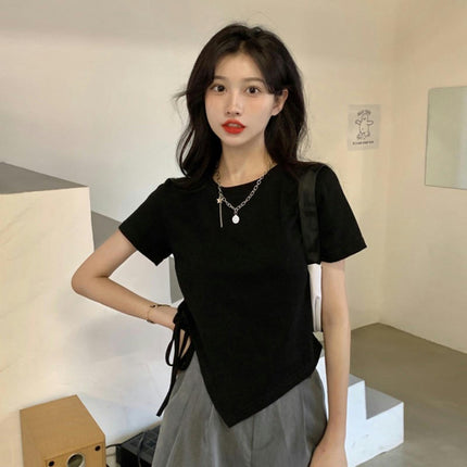 Women's Drawstring Short Sleeve Round Neck Tops Slim Fit Asymmetrical Hem Tee Shirts