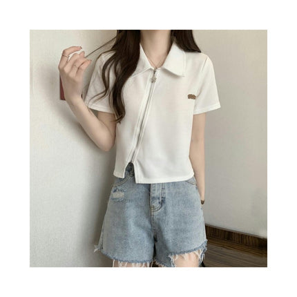 Womens Cropped Polo Shirts Summer Casual Short Sleeve Zipper Collared V Neck Crop Tops