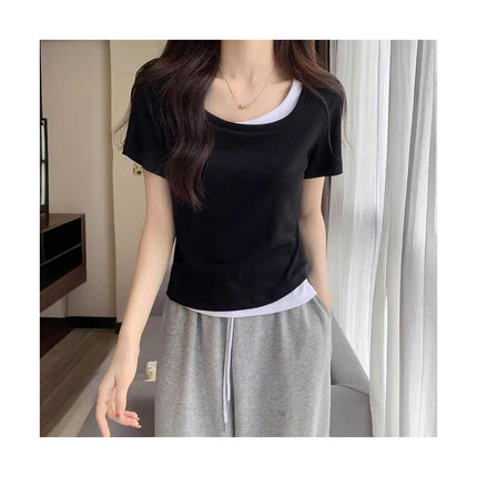 Women Summer Short Sleeve Scoop Neck T-Shirts Color Block Basic  Slim Fit Tee Tops