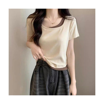 Women Summer Short Sleeve Scoop Neck T-Shirts Color Block Basic  Slim Fit Tee Tops