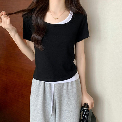 Women Summer Short Sleeve Scoop Neck T-Shirts Color Block Basic  Slim Fit Tee Tops