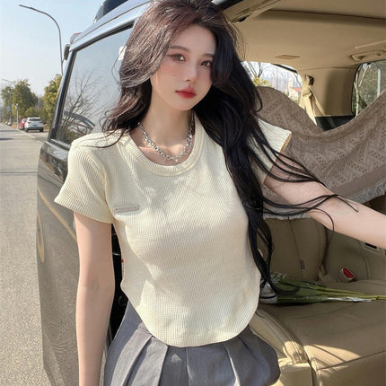 Women Summer Short Sleeve Round Neck T-Shirts Slim Fit Tee Crop Tops