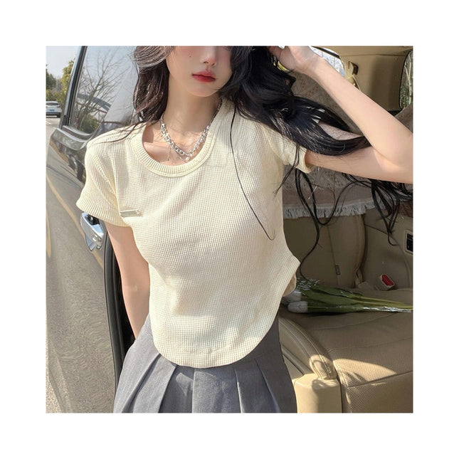 Women Summer Short Sleeve Round Neck T-Shirts Slim Fit Tee Crop Tops