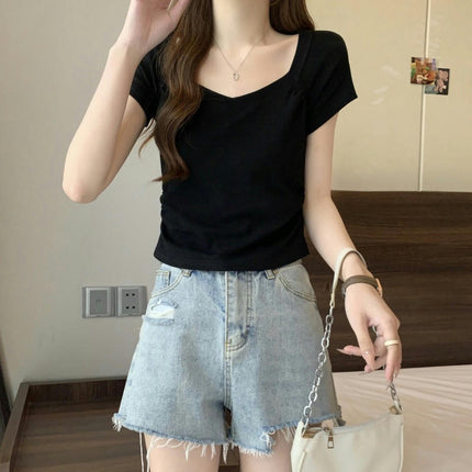 Women Summer Ruched Short Sleeve Square Neck T-Shirts Slim Fit Crop Tops