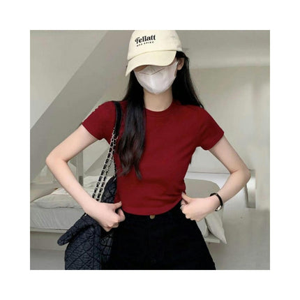 Womens Summer Short Sleeve Crewneck Crop Tops Slim Fit Casual Solid T-Shirts Short Basic Tees