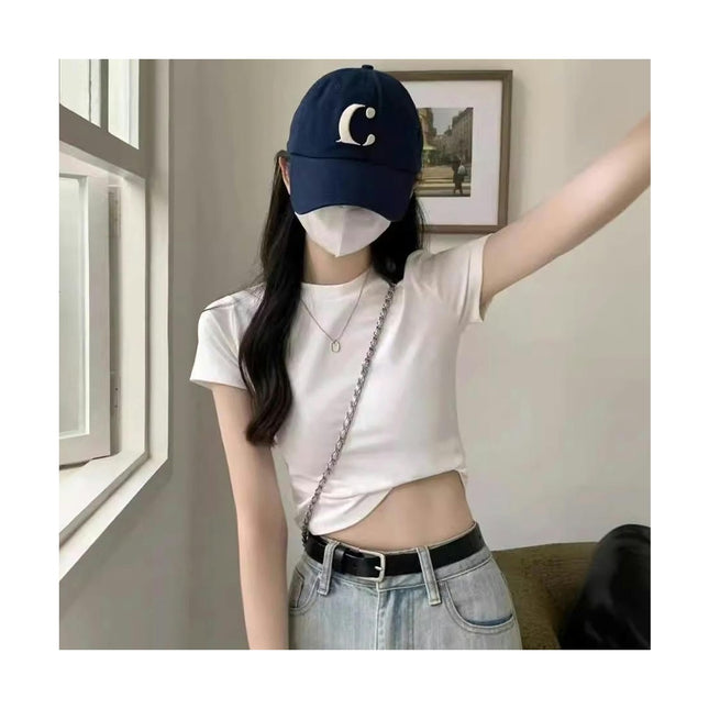 Womens Summer Short Sleeve Crewneck Crop Tops Slim Fit Casual Solid T-Shirts Short Basic Tees