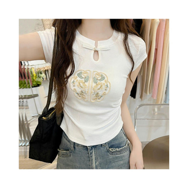 Women Summer Ruched Short Sleeve Round Neck T-Shirts Slim Fit Crop Tops