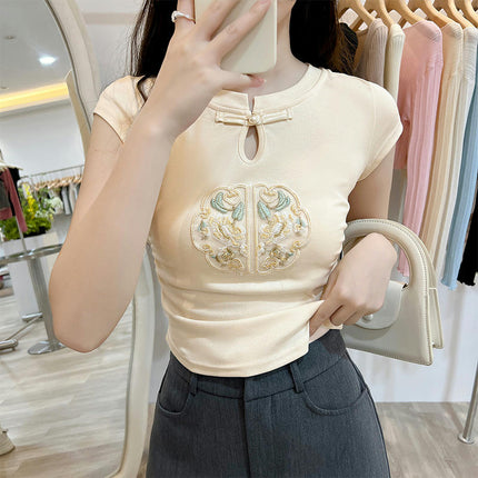 Women Summer Ruched Short Sleeve Round Neck T-Shirts Slim Fit Crop Tops