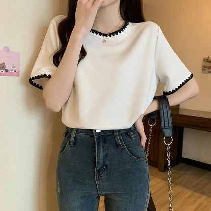 Women Color Block Crewneck Short Sleeve Casual Summer Tops Loose T-Shirts