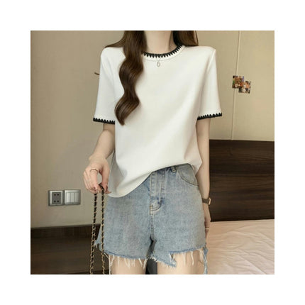 Women Color Block Crewneck Short Sleeve Casual Summer Tops Loose T-Shirts