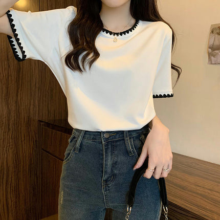 Women Color Block Crewneck Short Sleeve Casual Summer Tops Loose T-Shirts