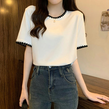 Women Color Block Crewneck Short Sleeve Casual Summer Tops Loose T-Shirts