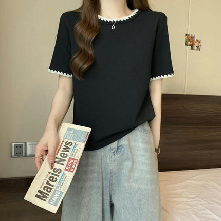 Women Color Block Crewneck Short Sleeve Casual Summer Tops Loose T-Shirts