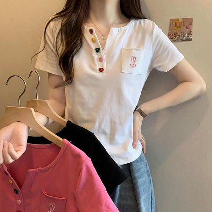 Women Button Down V Neck Short Sleeve Casual Summer Crop Tops Slim Fit T-Shirts