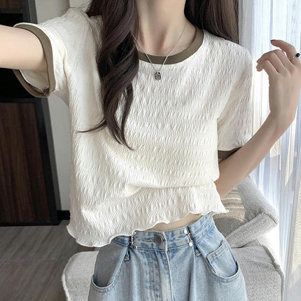 Women Summer Short Sleeve Round Neck T-Shirts Ruffle Hem Crop Tops