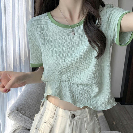 Women Summer Short Sleeve Round Neck T-Shirts Ruffle Hem Crop Tops