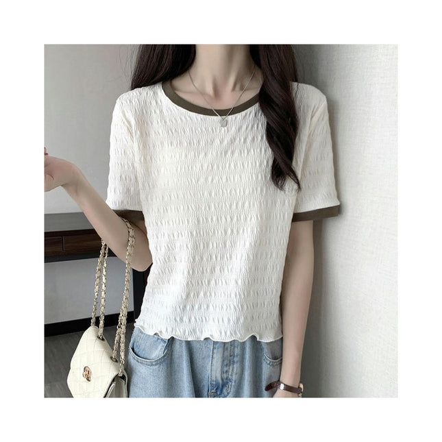 Women Summer Short Sleeve Round Neck T-Shirts Ruffle Hem Crop Tops