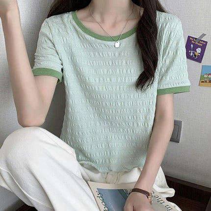 Women Summer Short Sleeve Round Neck T-Shirts Ruffle Hem Crop Tops