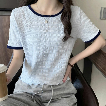 Women Summer Short Sleeve Round Neck T-Shirts Ruffle Hem Crop Tops