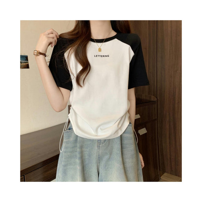 Women Summer Round Neck Short Sleeve T-Shirts Drawstring Casual Tops