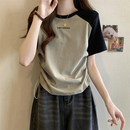 Women Summer Round Neck Short Sleeve T-Shirts Drawstring Casual Tops