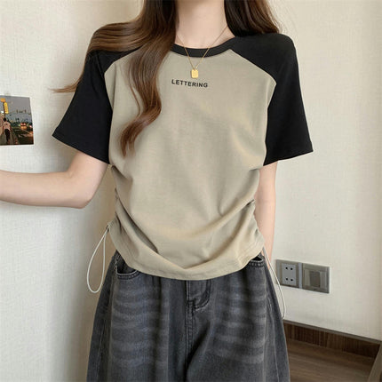 Women Summer Round Neck Short Sleeve T-Shirts Drawstring Casual Tops