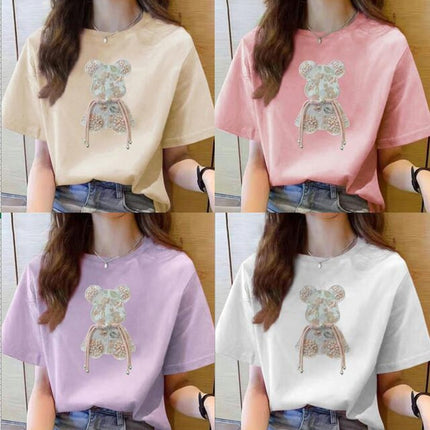 Women Summer Round Neck Short Sleeve T-Shirts Printed Loose Casual Tops