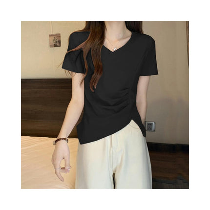 Women V Neck Short Sleeve Ruched Crop Tops Slim Fit Asymmetrical Hem T-Shirts