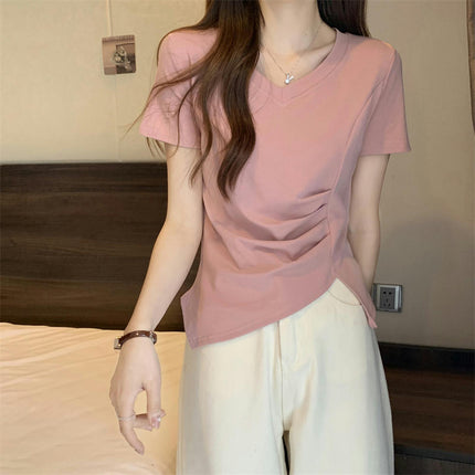 Women V Neck Short Sleeve Ruched Crop Tops Slim Fit Asymmetrical Hem T-Shirts