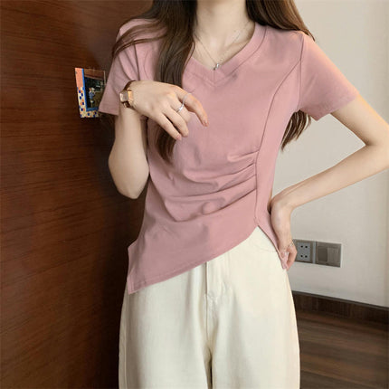 Women V Neck Short Sleeve Ruched Crop Tops Slim Fit Asymmetrical Hem T-Shirts