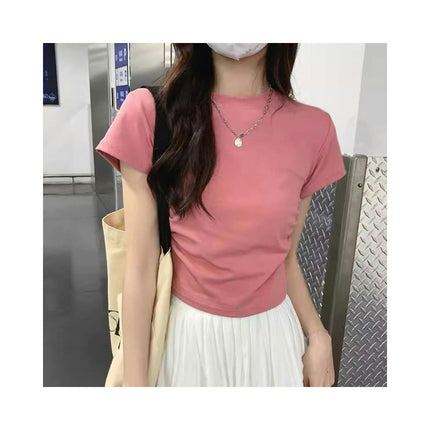 Women Round Neck Short Sleeve Ruched Crop Tops Slim Fit T-Shirts