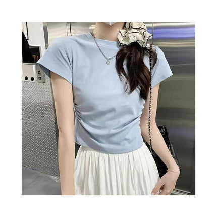 Women Round Neck Short Sleeve Ruched Crop Tops Slim Fit T-Shirts