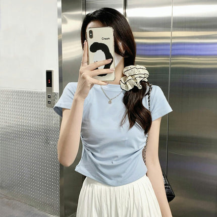 Women Round Neck Short Sleeve Ruched Crop Tops Slim Fit T-Shirts