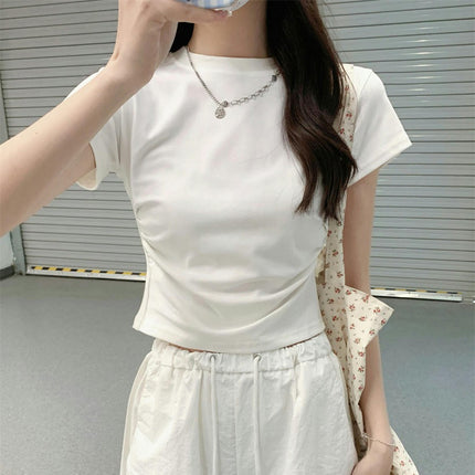 Women Round Neck Short Sleeve Ruched Crop Tops Slim Fit T-Shirts