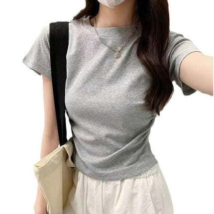 Women Round Neck Short Sleeve Ruched Crop Tops Slim Fit T-Shirts