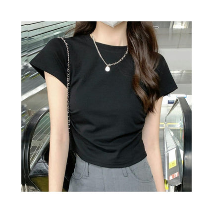 Women Round Neck Short Sleeve Ruched Crop Tops Slim Fit T-Shirts