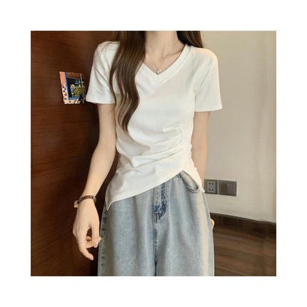 Women V Neck Short Sleeve Ruched Crop Tops Asymmetrical Hem T-Shirts