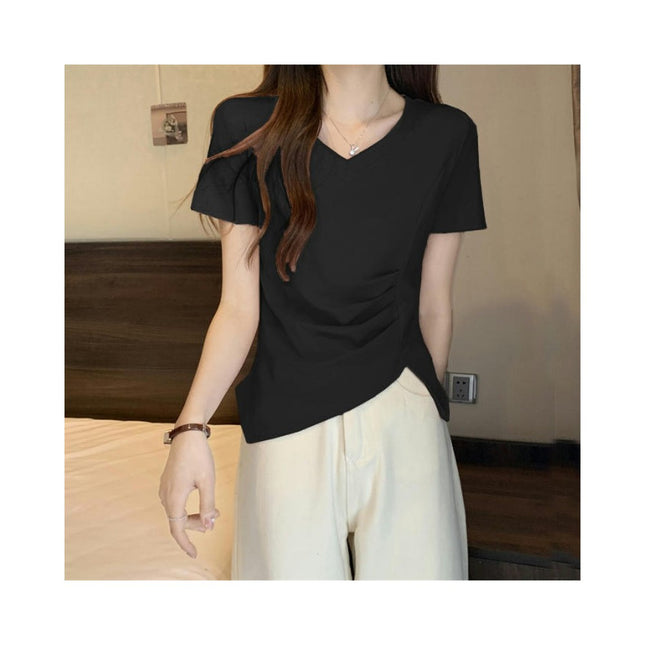 Women V Neck Short Sleeve Ruched Crop Tops Asymmetrical Hem T-Shirts