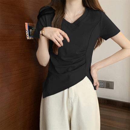 Women V Neck Short Sleeve Ruched Crop Tops Asymmetrical Hem T-Shirts