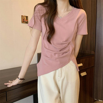 Women V Neck Short Sleeve Ruched Crop Tops Asymmetrical Hem T-Shirts