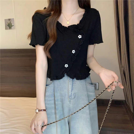 Women Scoop Neck Short Sleeve Ruffle Crop Tops Slim Fit T-Shirts