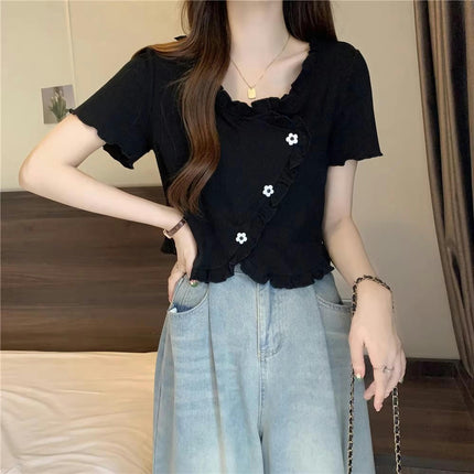 Women Scoop Neck Short Sleeve Ruffle Crop Tops Slim Fit T-Shirts