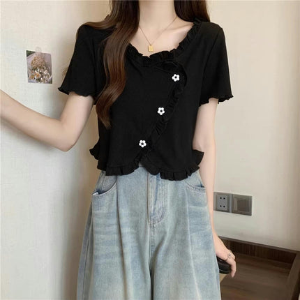 Women Scoop Neck Short Sleeve Ruffle Crop Tops Slim Fit T-Shirts