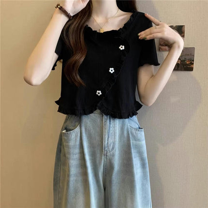 Women Scoop Neck Short Sleeve Ruffle Crop Tops Slim Fit T-Shirts