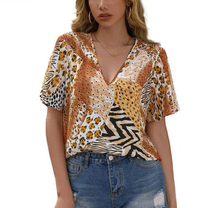 Women V Neck Short Sleeve Leopard Print Tops Casual Loose T-Shirts