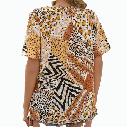 Women V Neck Short Sleeve Leopard Print Tops Casual Loose T-Shirts