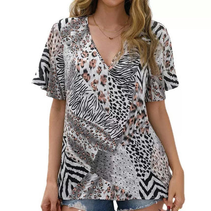 Women V Neck Short Sleeve Leopard Print Tops Casual Loose T-Shirts