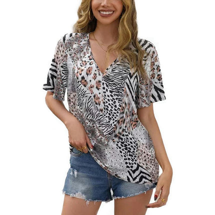 Women V Neck Short Sleeve Leopard Print Tops Casual Loose T-Shirts